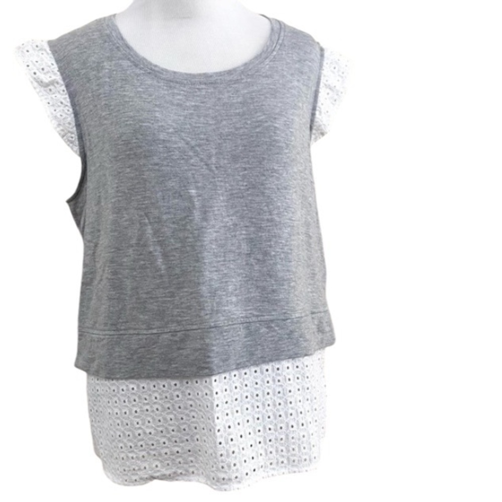 KENSIE Knit Top Blouse Gray White WHITE Eyelet Large Loungewear